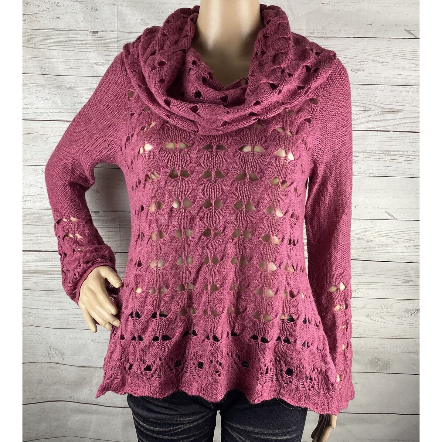 Nine West Vintage America Sweater Small Raspberry Pink Open Knit Cowl Neck Sexy